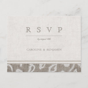 Postal De Invitación Boda de campo rústica en encaje y arpillera RSVP