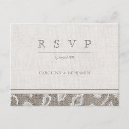 Postal De Invitación Boda de campo rústica en encaje y arpillera RSVP