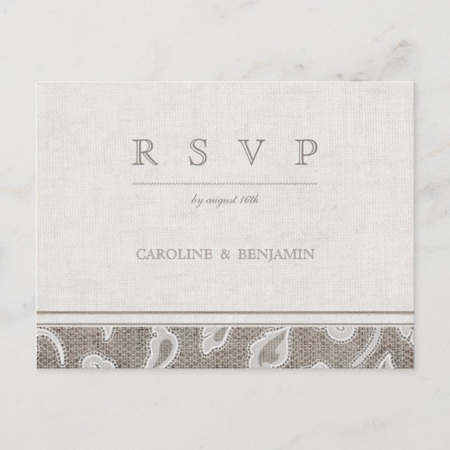 Postal De Invitación Boda de campo rústica en encaje y arpillera RSVP (Anverso)