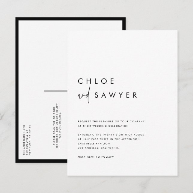 Postal De Invitación Boda de código QR de escritura manuscrita moderna  (Anverso / Reverso)