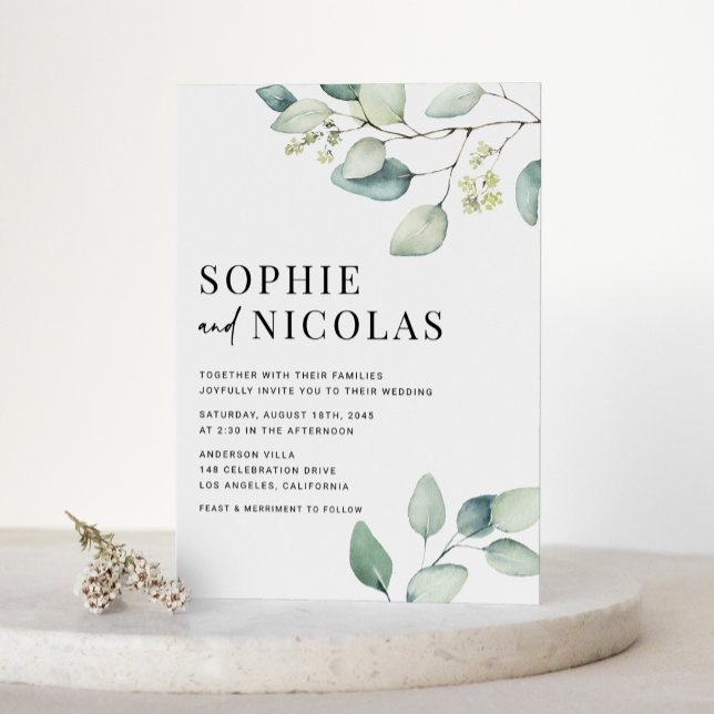 Postal De Invitación Boda de código QR de eucalipto verde de color de a (Watercolor Sage Green Eucalyptus Wedding Invitation Postcard)