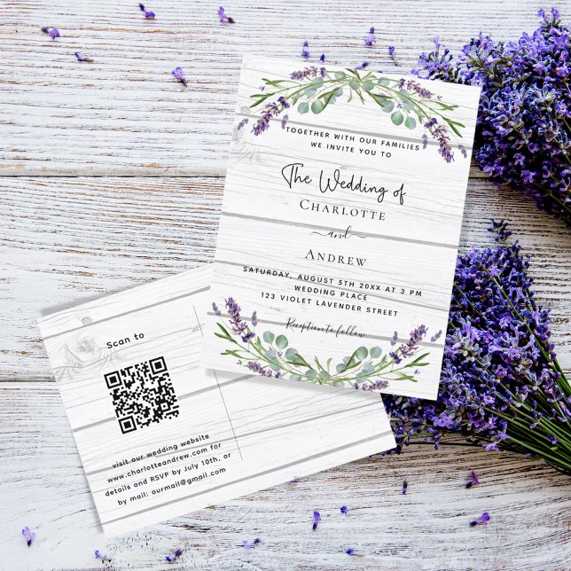Postal De Invitación Boda de código QR de madera blanca de lavanda (Subido por el creador)