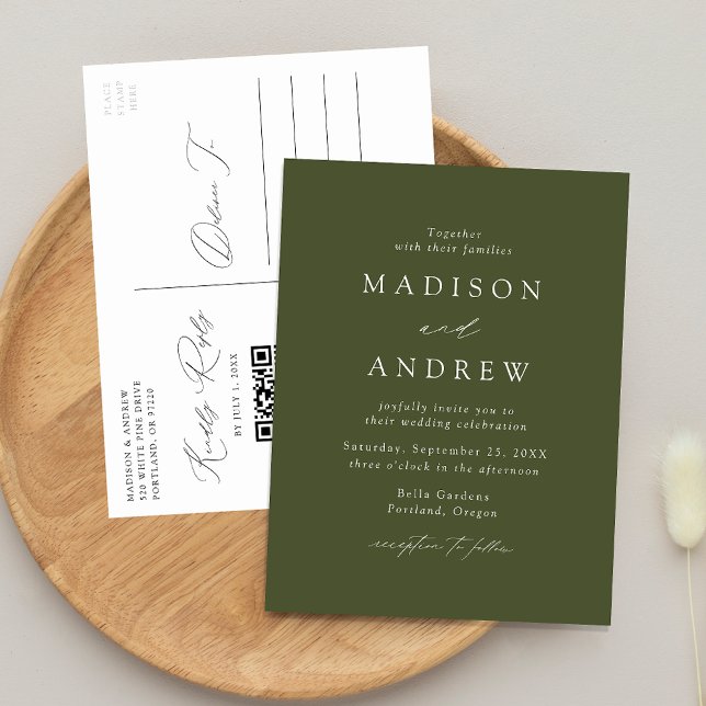 Postal De Invitación Boda de código QR verde oliva moderno y elegante (Subido por el creador)