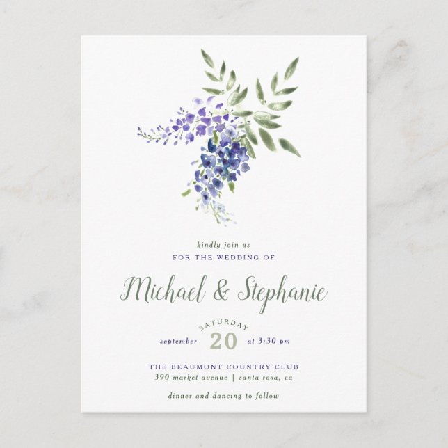 Postal De Invitación Boda de color morado floral (Anverso)