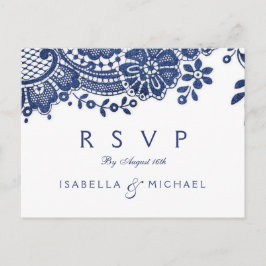 Postal De Invitación Boda de encaje azul y blanco elegante RSVP