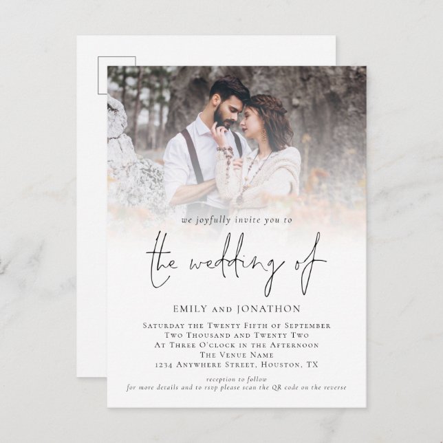 Postal De Invitación Boda de escritura de código QR de fotografía moder (Anverso / Reverso)
