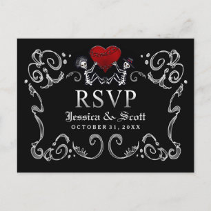 Postal De Invitación Boda de Esqueletos de Halloween en blanco negro ME