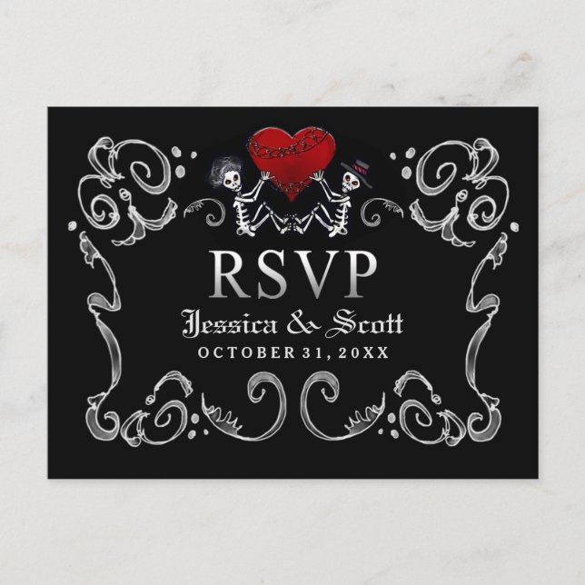 Postal De Invitación Boda de Esqueletos de Halloween en blanco negro ME (Anverso)