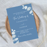 Postal De Invitación Boda de eucaliptos azul turbio<br><div class="desc">Fondo azul turbio,  decorado con tallos de eucaliptos,  brotes. Personalice y sus nombres y detalles. Fondo azul polvoriento.</div>