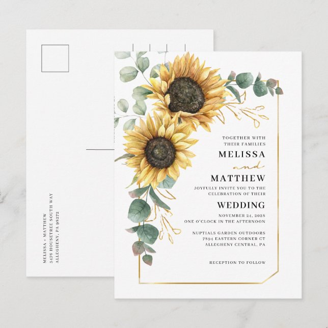 Postal De Invitación Boda de Eucalyptus de girasol floral (Anverso / Reverso)