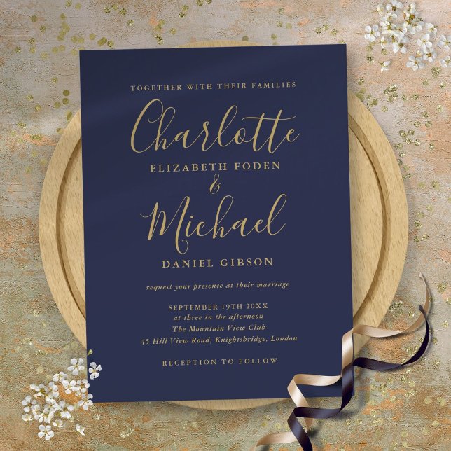 Postal De Invitación Boda de firma de oro y azul marino (Navy Blue And Gold Signature Script Wedding Invitation Postcard)