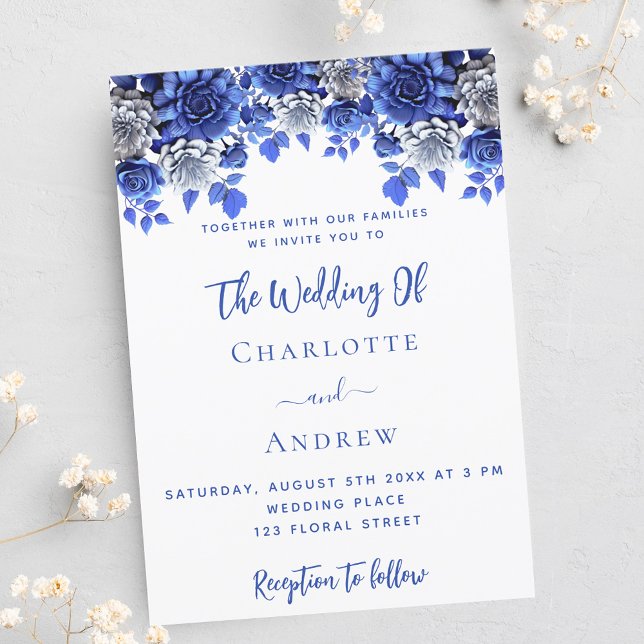 Postal De Invitación Boda de flores azules blancas reales (Subido por el creador)