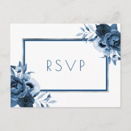 Postal De Invitación Boda de flores azules clásicas plata blanco RSVP