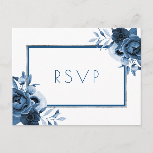Postal De Invitación Boda de flores azules clásicas plata blanco RSVP (Anverso)