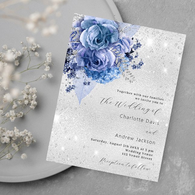 Postal De Invitación Boda de flores azules plateadas (Subido por el creador)