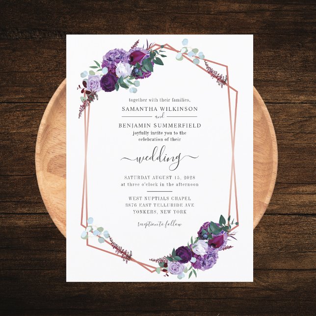 Postal De Invitación Boda de Flores Púrpura Geométricas Florales (Purple Floral Geometric Script Wedding Invitation Postcard)
