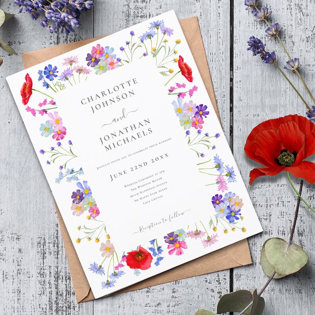 Postal De Invitación Boda de flores silvestres modernas (Modern colorful wildflower budget wedding invitation with boho chic watercolor floral and typography)
