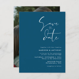 Postal De Invitación Boda de Foto de Guardar la Fecha Minimalista Azul 