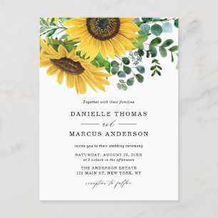 Postal De Invitación Boda de girasoles acuarelas y eucalipto
