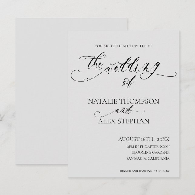 Postal De Invitación Boda De Guión Blanco Y Negro Elegante Y Brillante (Anverso / Reverso)