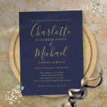Postal De Invitación Boda De Guión De Firma De Azul Y Oro De Marina<br><div class="desc">Con nombres de estilo característico,  esta elegante postal de invitación a la boda azul marino y dorada se puede personalizar con su información en letras de moda. Diseñado por Thisisnotme©</div>