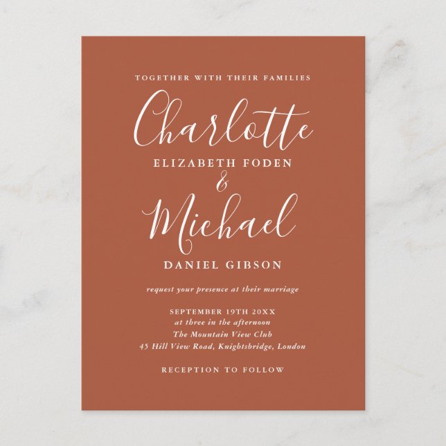 Postal De Invitación Boda de guión de firma de terracota (Anverso)