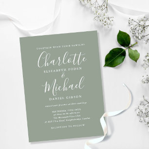 Postal De Invitación Boda de guión de firma de verde salvia