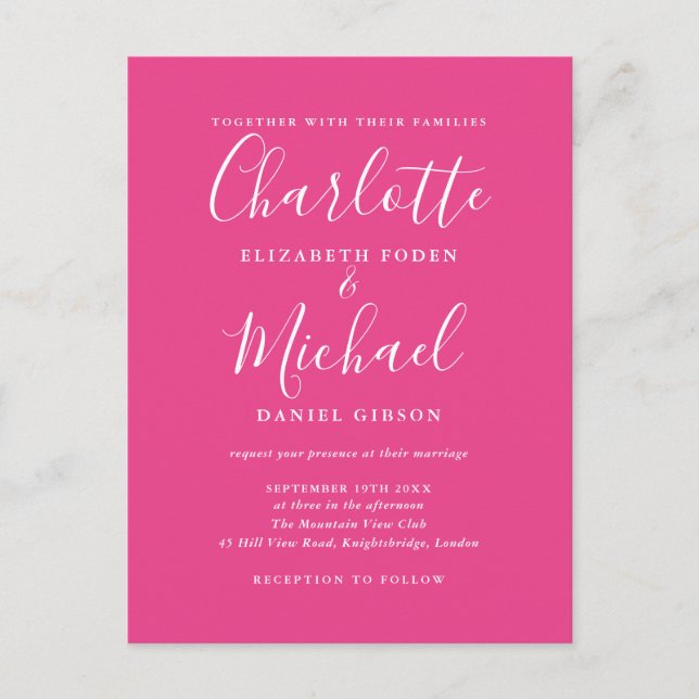 Postal De Invitación Boda de guión de firma rosa caliente (Anverso)