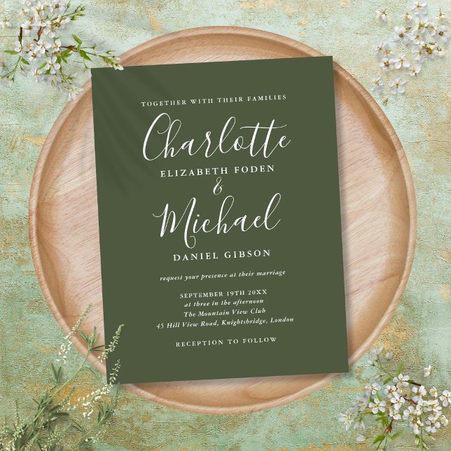 Postal De Invitación Boda de guión de firma verde oliva (Olive Green Signature Script Wedding Invitation Postcard)