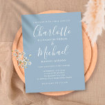 Postal De Invitación Boda de guiones de firma azul y turbio<br><div class="desc">Con nombres de estilo característico,  esta elegante postal azul polvorienta de invitación a la boda se puede personalizar con su información en letras de moda. Diseñado por Thisisnotme©</div>