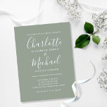 Postal De Invitación Boda de guiones de firma verde de sabio<br><div class="desc">Con nombres de estilo de firma,  esta elegante postal de invitación a la boda verde sabio puede ser personalizada con su información en letras de moda. Diseñado por Thisisnotme©</div>