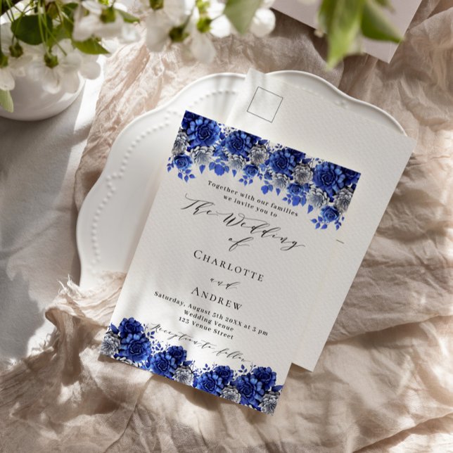 Postal De Invitación Boda de guiones de florines blancos azules reales (Subido por el creador)