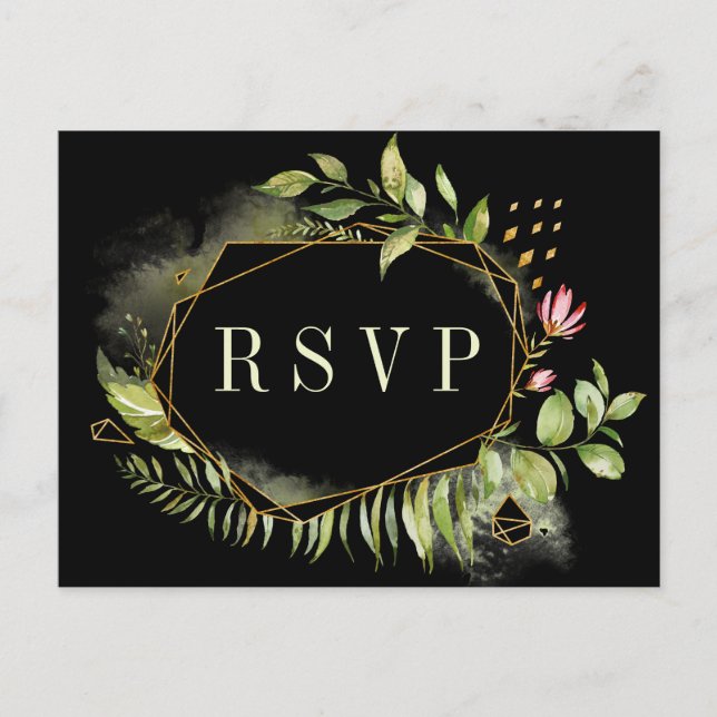 Postal De Invitación Boda de guirnalda floral geométrica verde negro RS (Anverso)