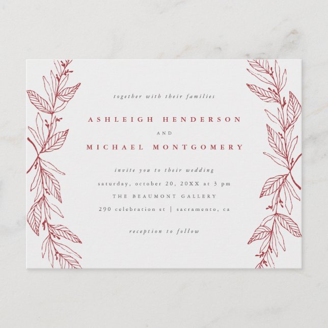 Postal De Invitación Boda de guirnaldas botánicas dibujadas a mano rojo (Anverso)