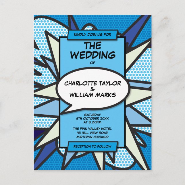 Postal De Invitación Boda de historietas de moda azul (Anverso)