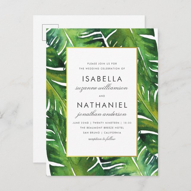 Postal De Invitación Boda de hojas tropicales verdes modernas (Anverso / Reverso)