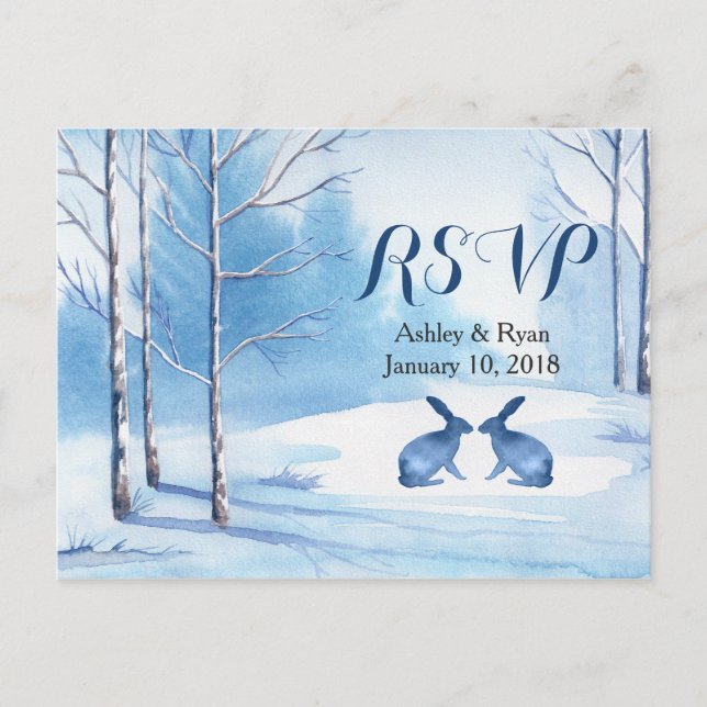 Postal De Invitación Boda de invierno Árboles acuáticos Conejos RSVP (Anverso)