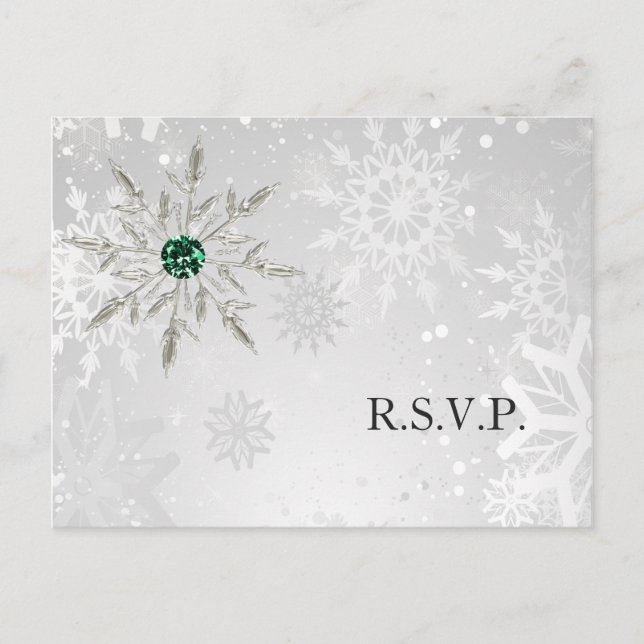 Postal De Invitación Boda de Invierno de Esmeralda Plata Snowflakes Rsv (Anverso)
