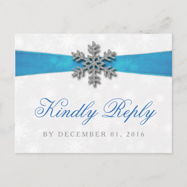 Postal De Invitación Boda de Invierno Diamante Snowflake & Blue Ribbon (Anverso)