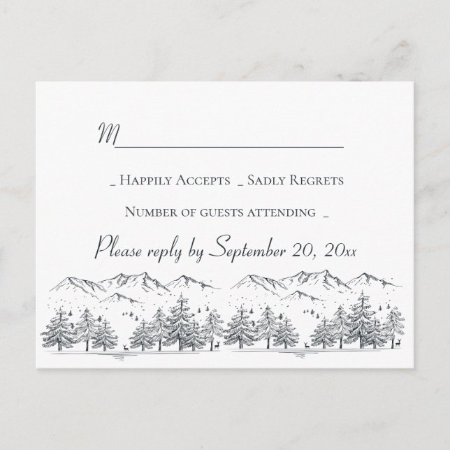 Postal De Invitación Boda de invierno RSVP Árboles de montaña Rústica p (Anverso)