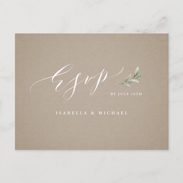 Postal De Invitación Boda de Kraft caligraphy rústico verde RSVP (Anverso)