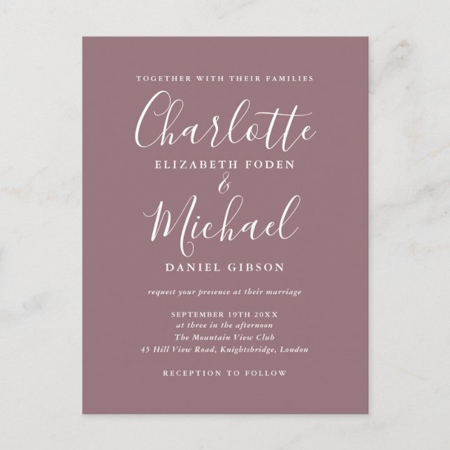 Postal De Invitación Boda de letra de firma malva (Anverso)