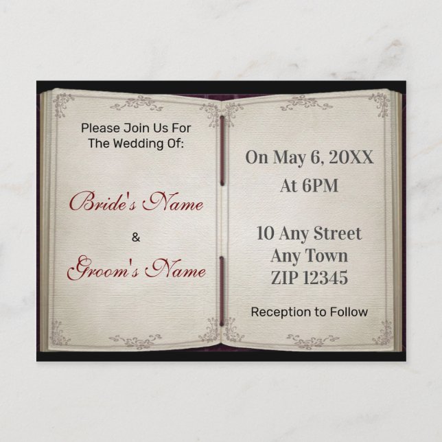 Postal De Invitación Boda de libros de libros de libros de vintage en v (Anverso)