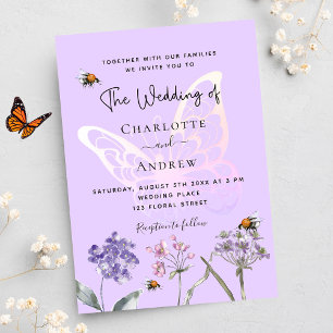 Postal De Invitación Boda de mariposa rosa violeta con flores silvestre