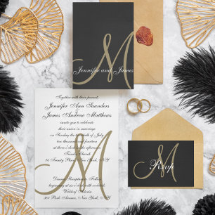 Postal De Invitación Boda de Monograma con Guión Mínimo Gold Black RSVP