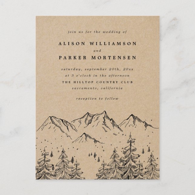 Postal De Invitación Boda de Montañas y Árboles Rústicos de Kraft (Anverso)