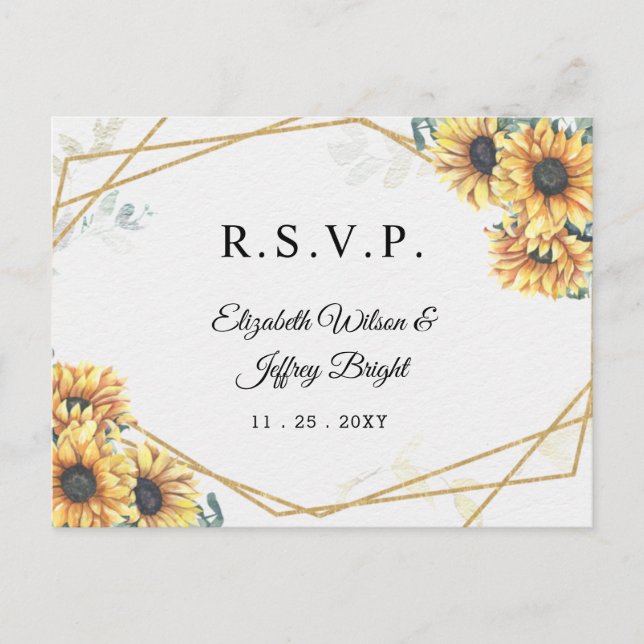Postal De Invitación Boda de oro Rústica Geométrica con Girasol RSVP (Anverso)