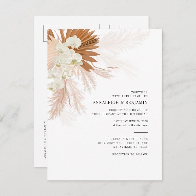 Postal De Invitación Boda de palmeras botánicas Pampas Grass Terracotta (Anverso / Reverso)