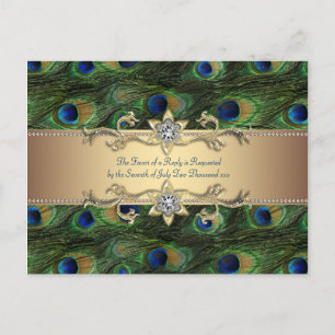 Postal De Invitación Boda de pavo real dorado verde esmeralda real indi