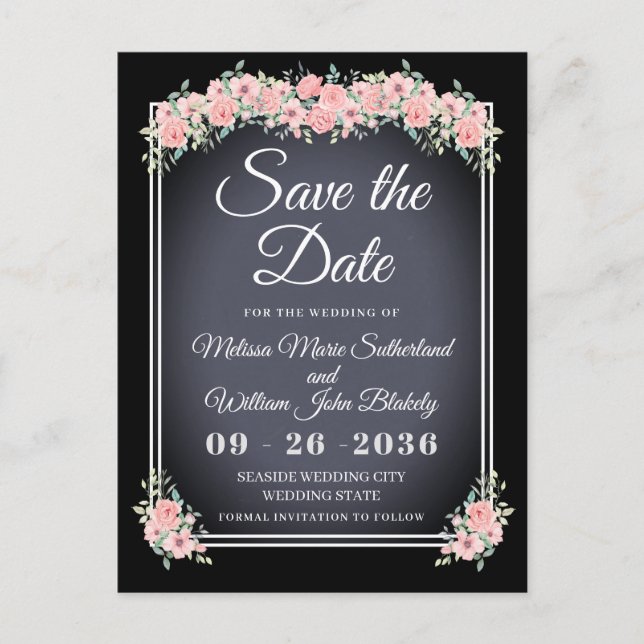 Postal De Invitación Boda de pizarra floral negra salva la fecha (Anverso)
